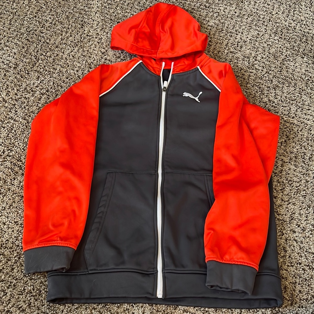 PUMA boys large zip up hoodie jacket - orange and gray
